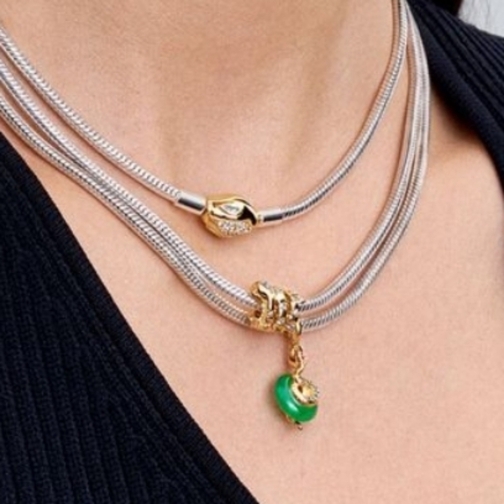 Authentic NEW Pandora Snake Green Murano Glass Dangle Charm 14KGP CZ - Picture 3 of 9